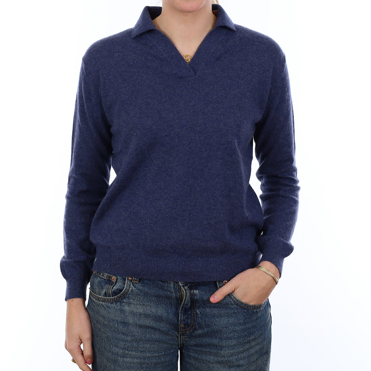Naval Blue Cashmere Collared V Neck Jumper Medium