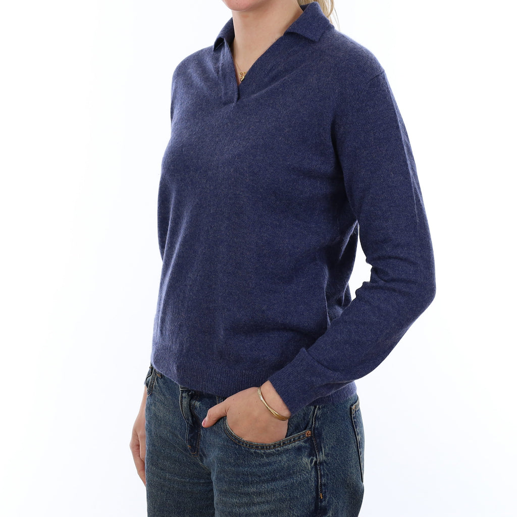 Naval Blue Cashmere Collared V Neck Jumper Medium