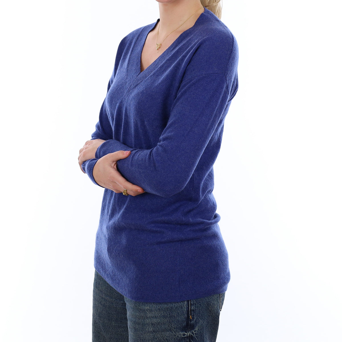Royal Blue Cashmere Longline V Neck Jumper Medium