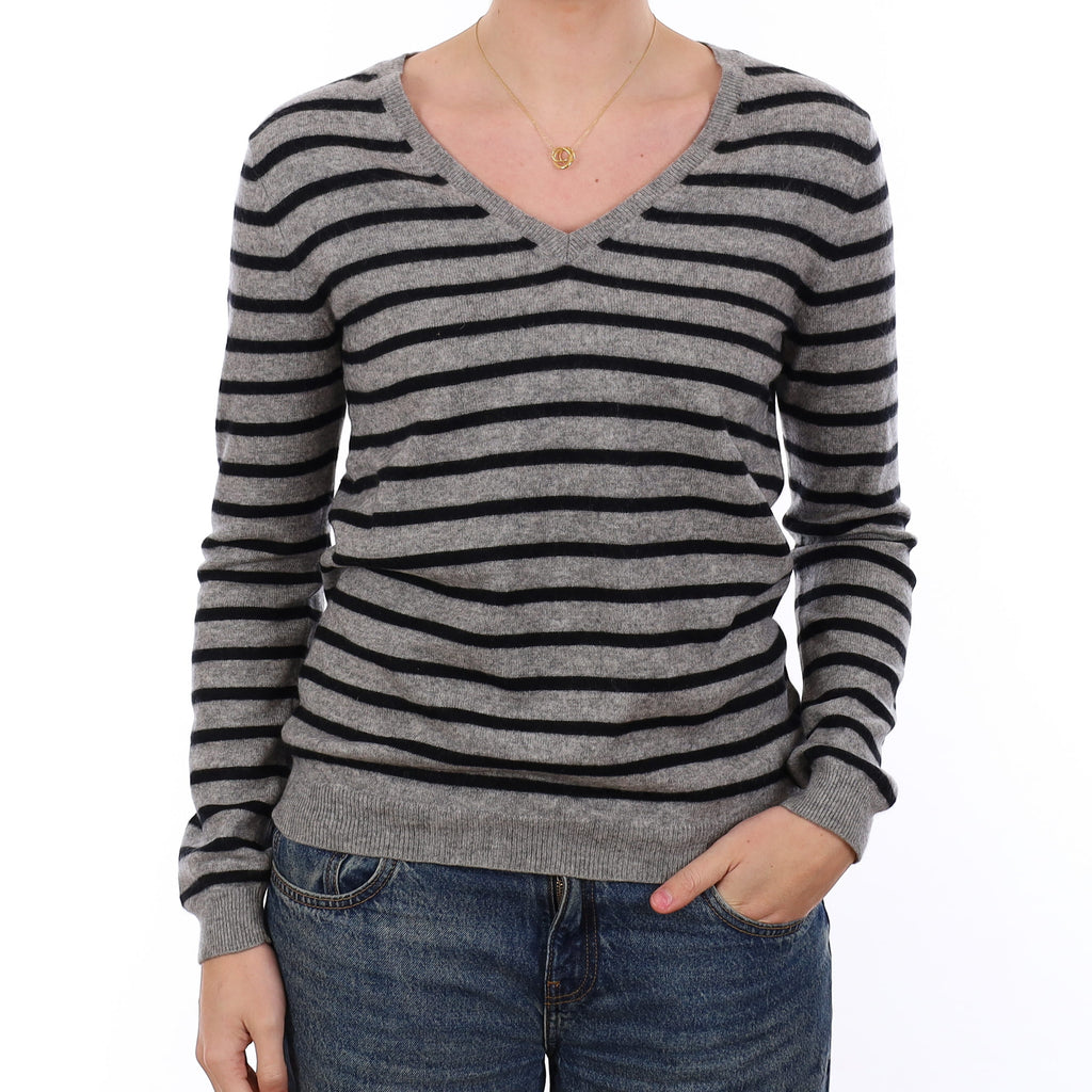 Grey and Black Stripe Cashmere V Neck Jumper Medium