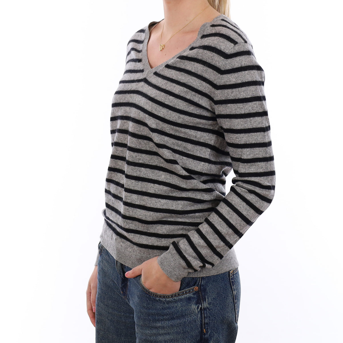 Grey and Black Stripe Cashmere V Neck Jumper Medium