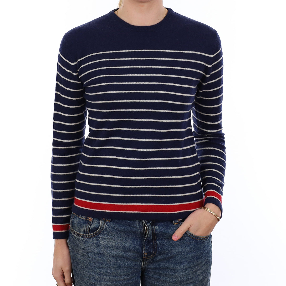 Navy and Cream Stripe Cashmere Crew Neck Jumper Medium