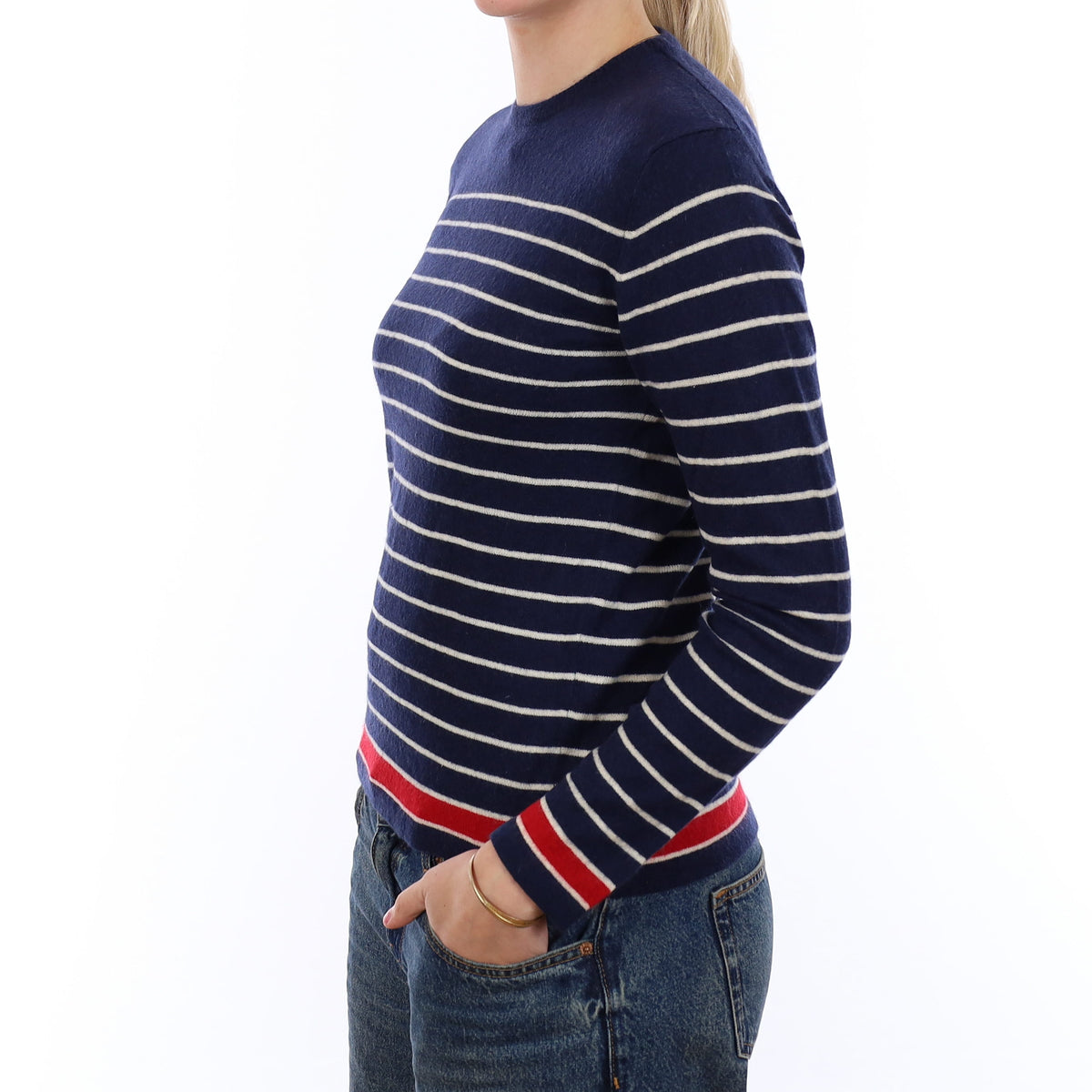 Navy and Cream Stripe Cashmere Crew Neck Jumper Medium