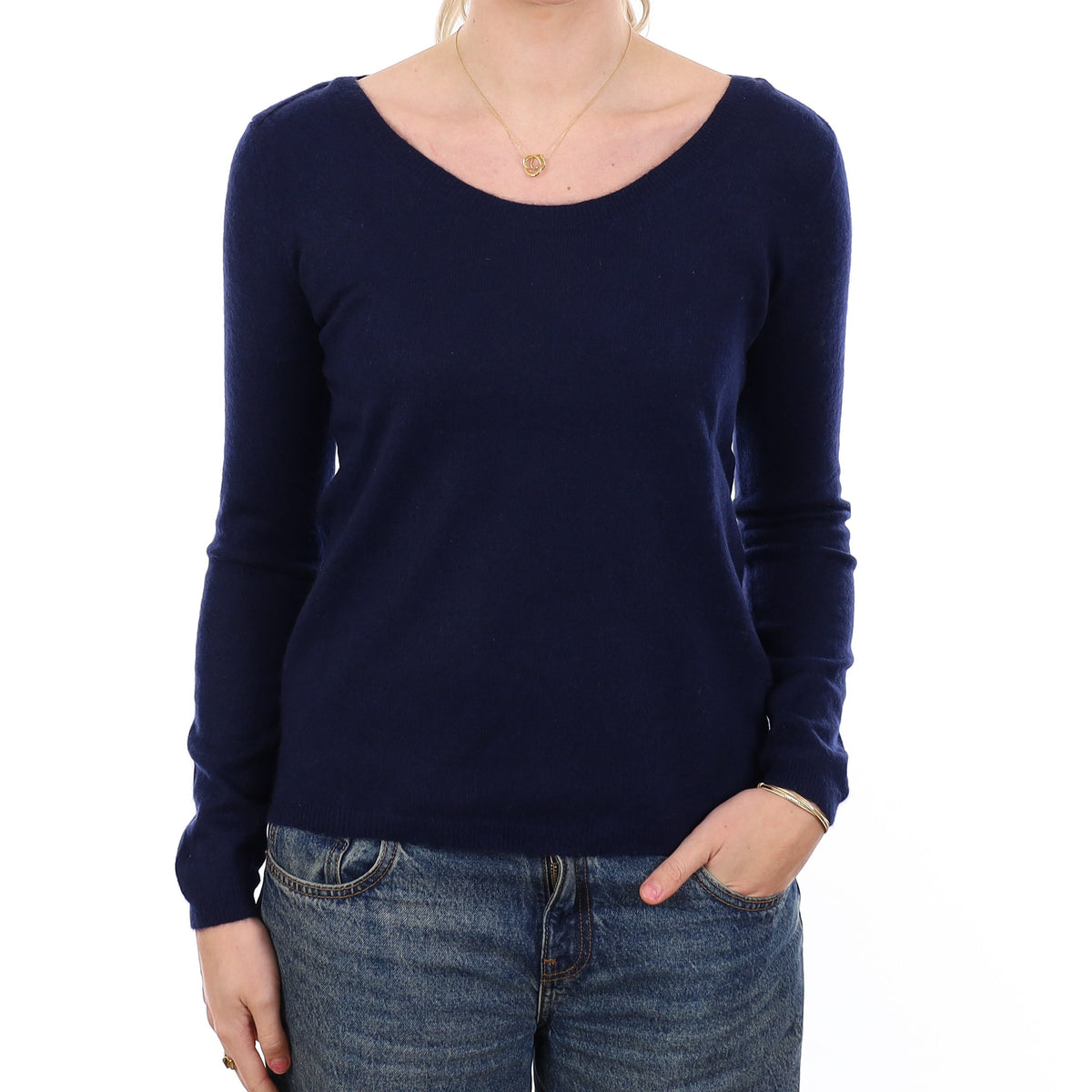Navy Owl Motif Cashmere Scoop Neck Jumper Medium