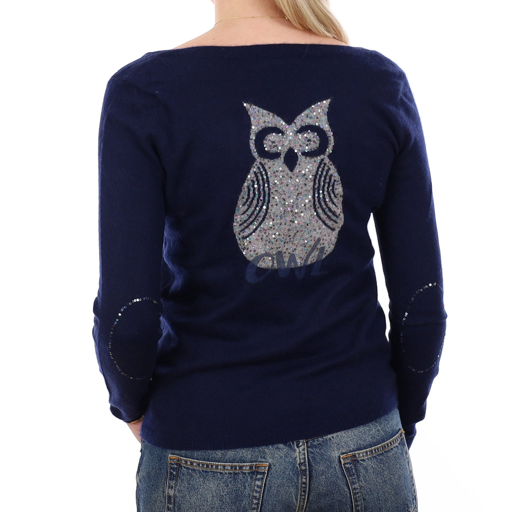 Navy Owl Motif Cashmere Scoop Neck Jumper Medium