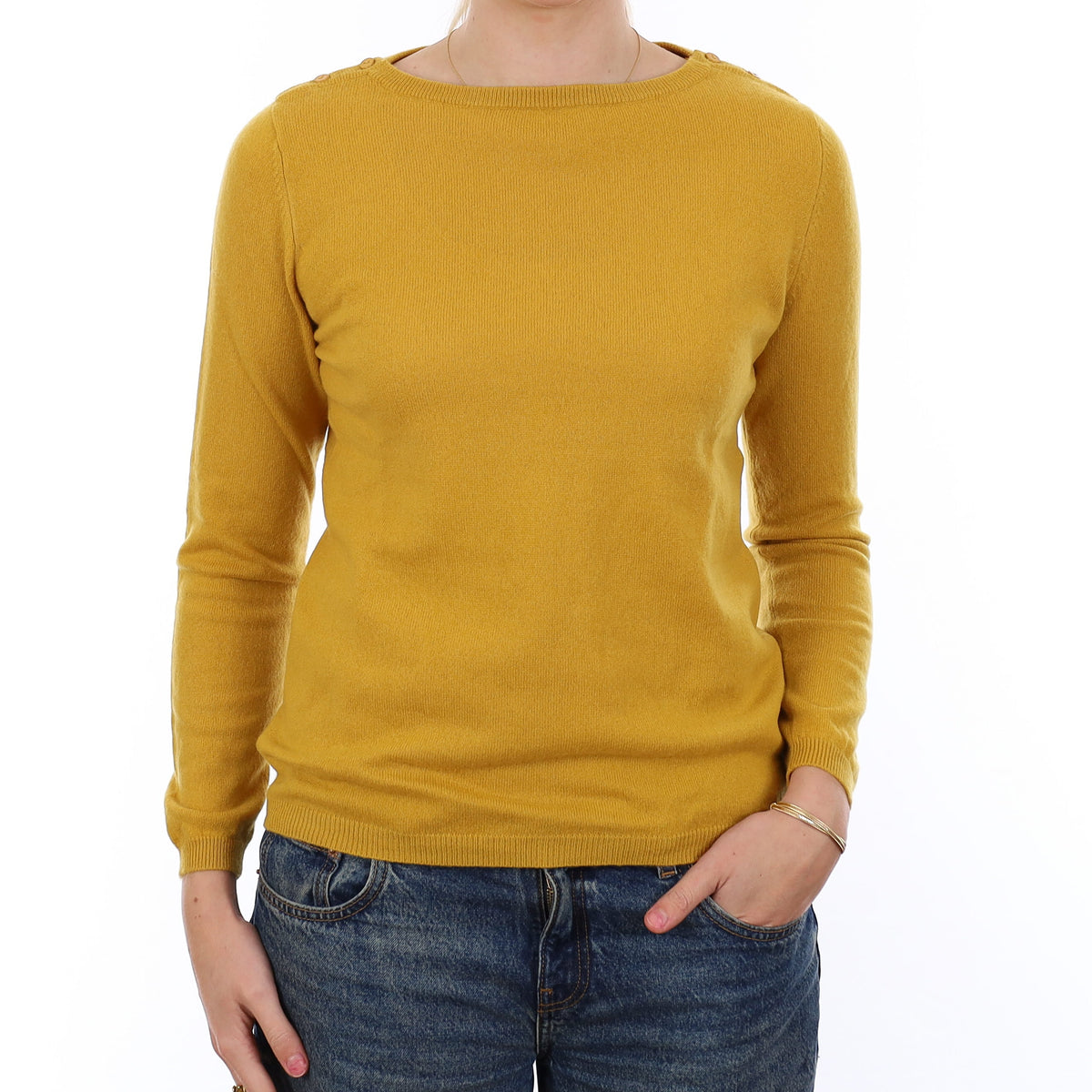 Mustard Yellow Cashmere Buttoned Boat Neck Jumper Medium