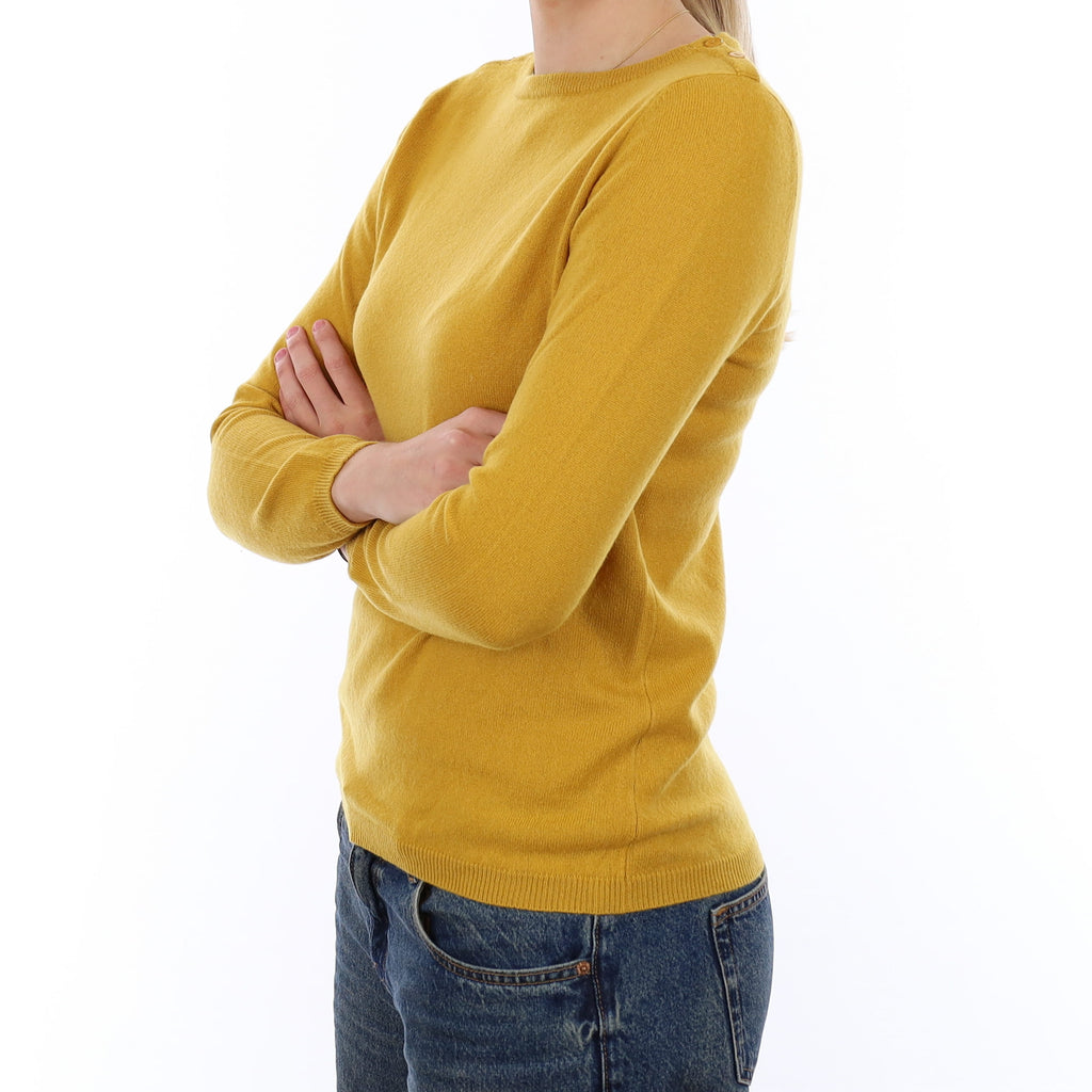 Mustard Yellow Cashmere Buttoned Boat Neck Jumper Medium