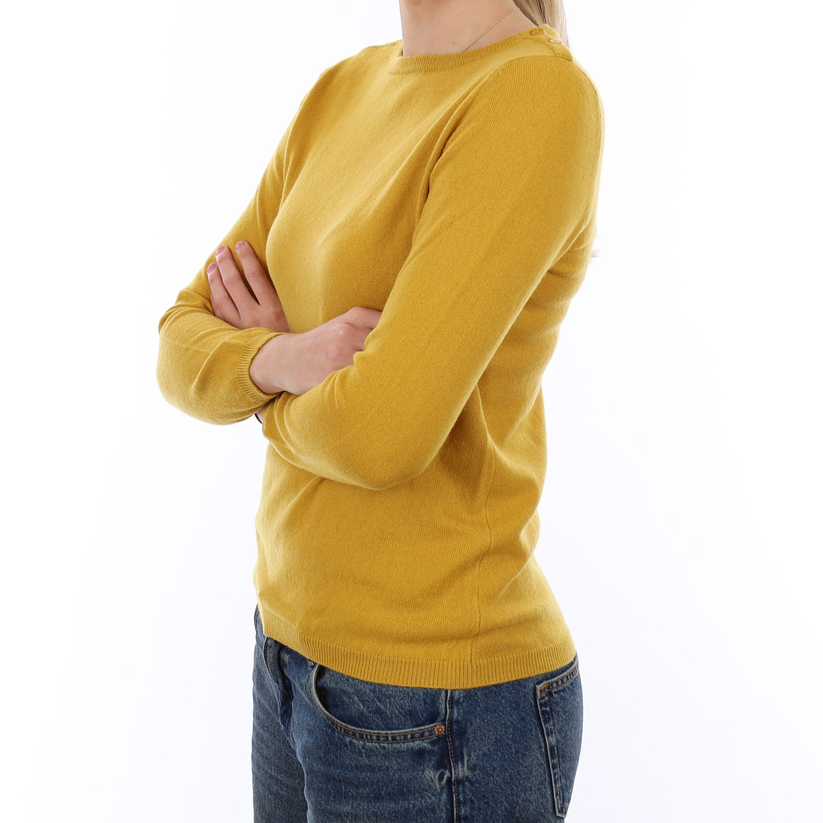 Mustard Yellow Cashmere Buttoned Boat Neck Jumper Medium