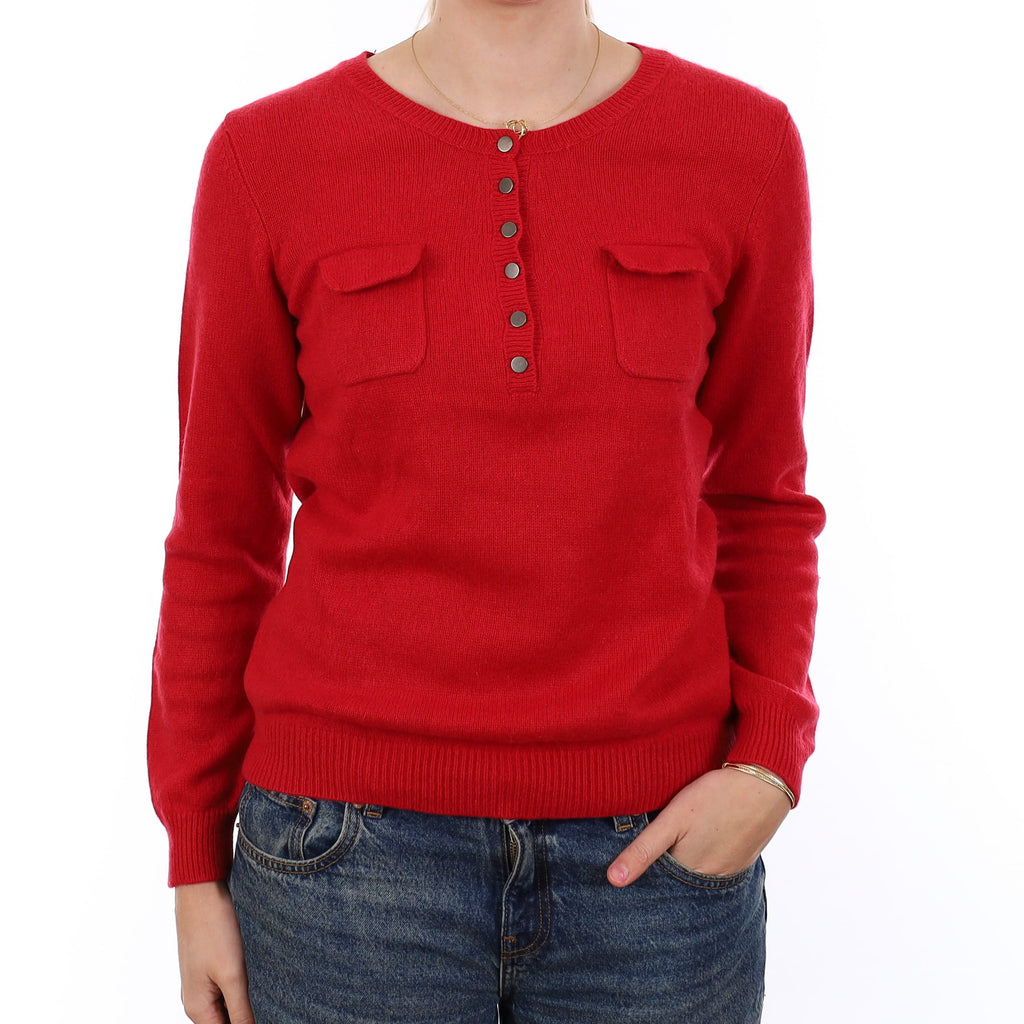 Strawberry Red Cashmere Buttoned Crew Neck Jumper Medium