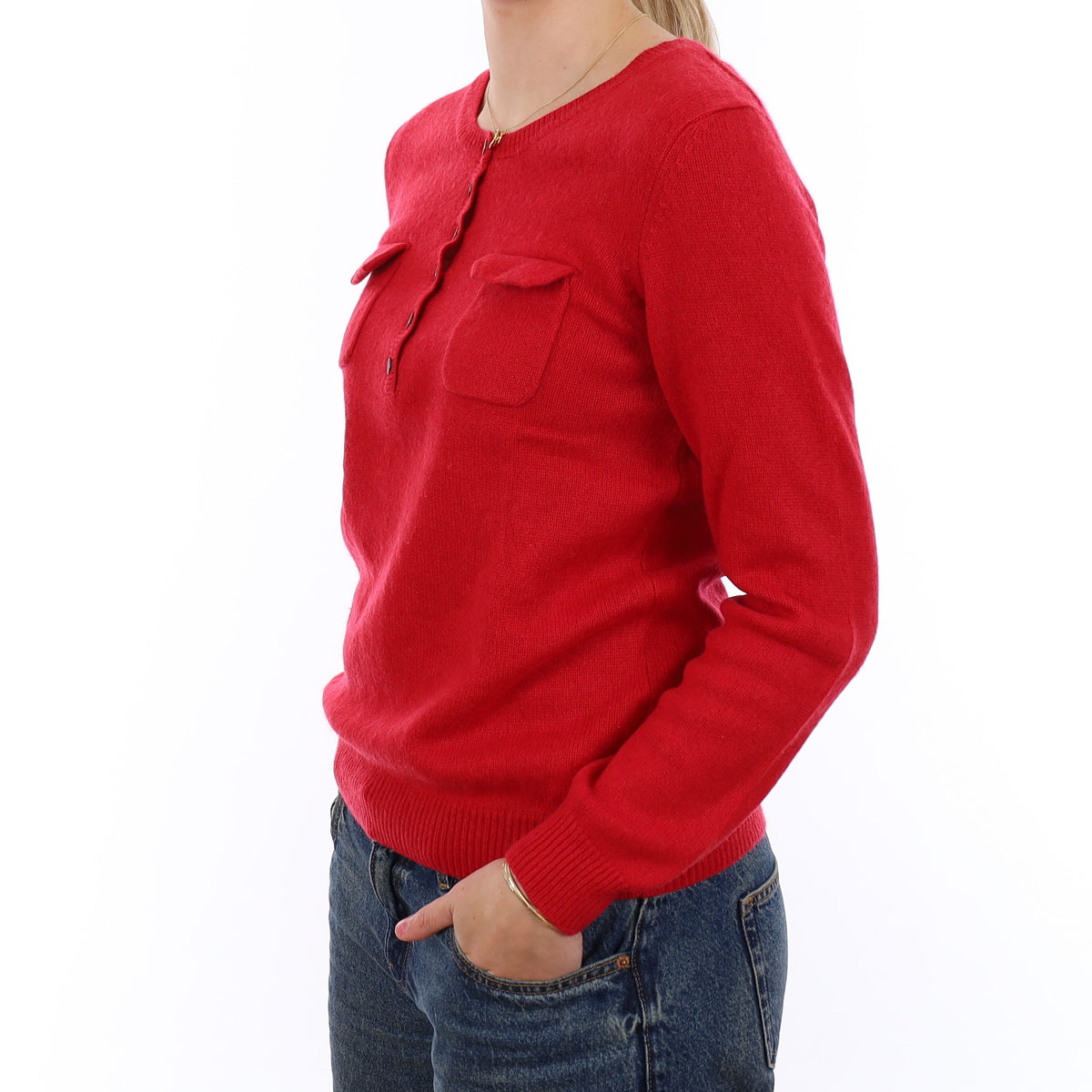 Strawberry Red Cashmere Buttoned Crew Neck Jumper Medium