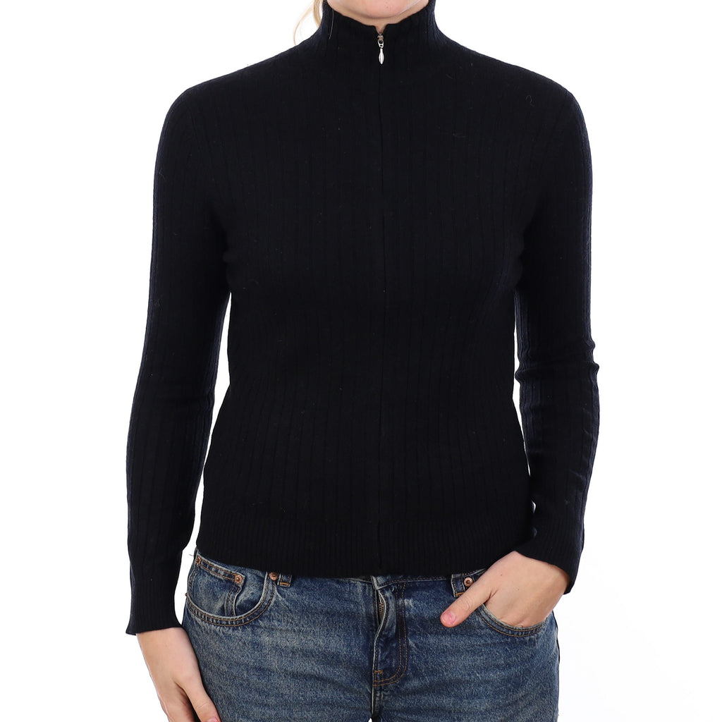 Black Rib Cashmere Zip Up Turtle Neck Cardigan Medium