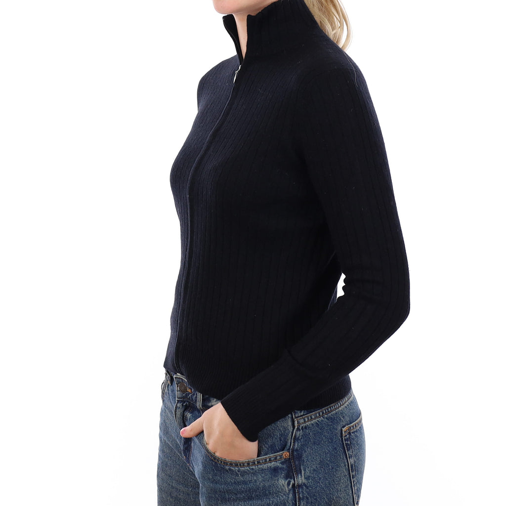 Black Rib Cashmere Zip Up Turtle Neck Cardigan Medium