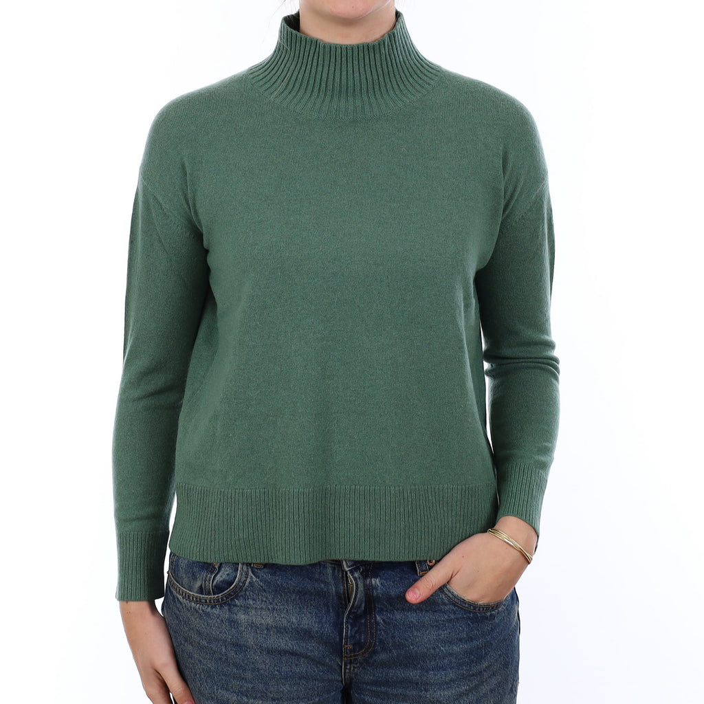 Everglade Green Cashmere Boxy Turtleneck Jumper Medium
