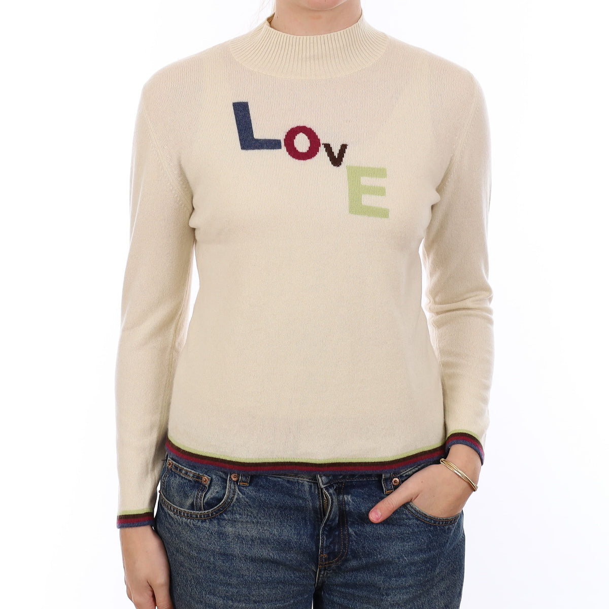 Ivory Love Slogan Cashmere Turtleneck Jumper Medium
