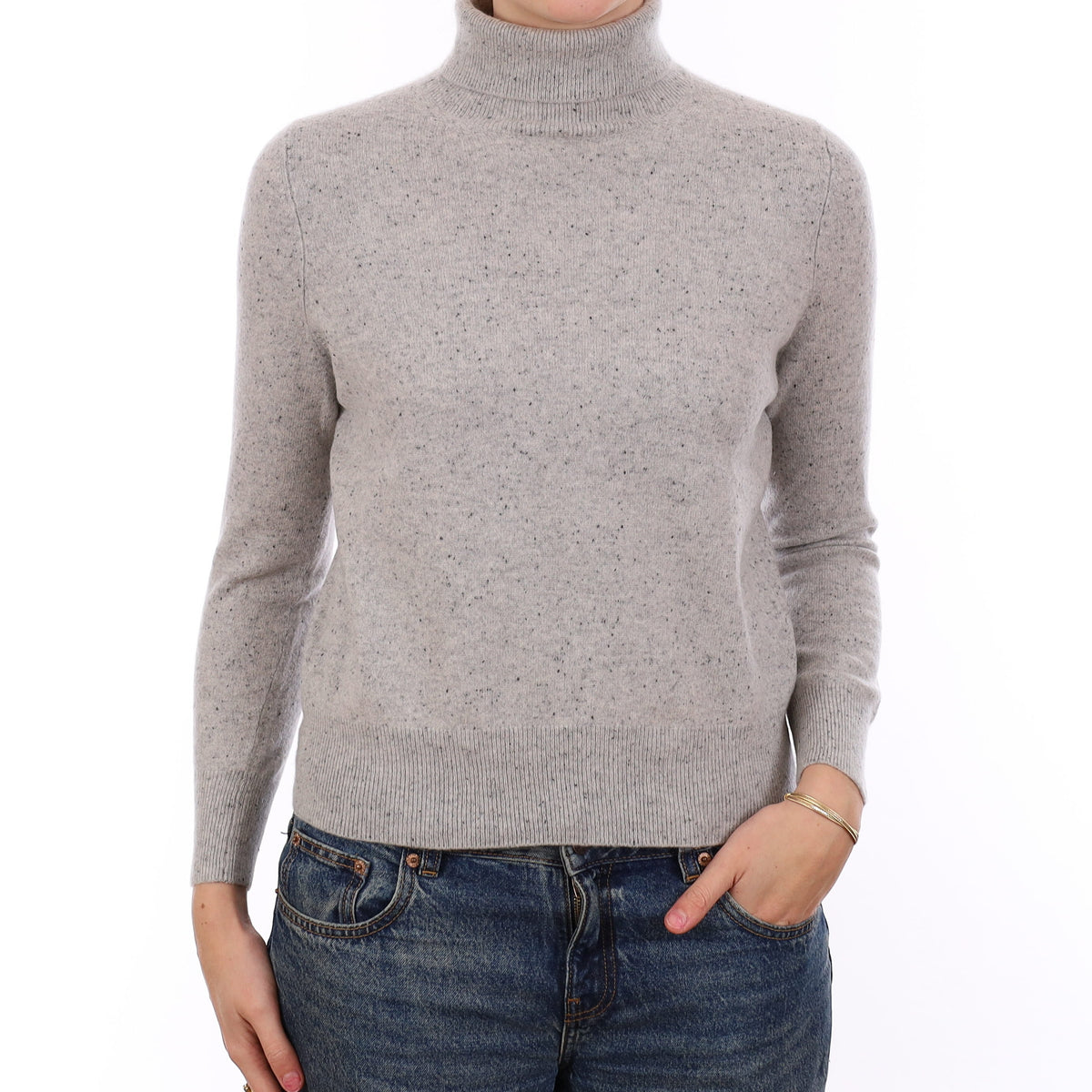 Smoke Grey Fleck Cashmere Polo Neck Jumper Medium