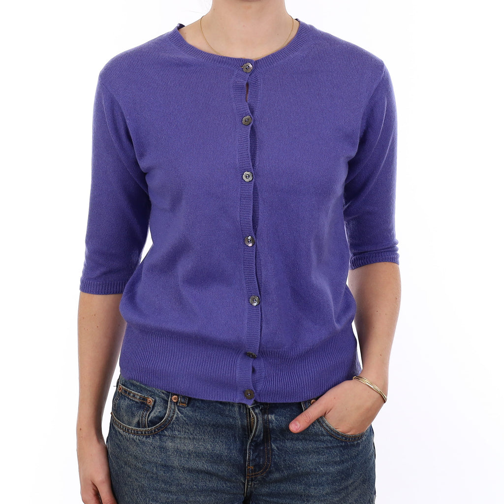 Periwinkle Blue Cashmere 1/2 Sleeve Crew Neck Cardigan Medium