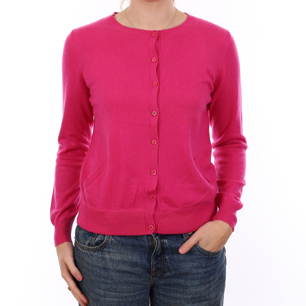 Fuchsia Pink Cashmere Crew Neck Cardigan with Pockets Medium