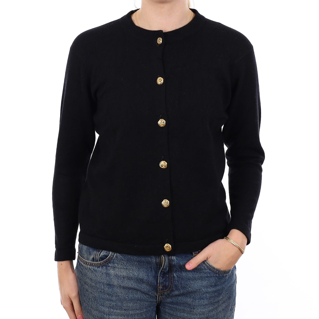 Scottish Vintage Pringle Black Cashmere Crew Neck Cardigan Medium