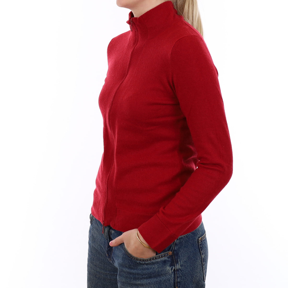 Crimson Red Cashmere Zip Up Turtle Neck Cardigan Medium