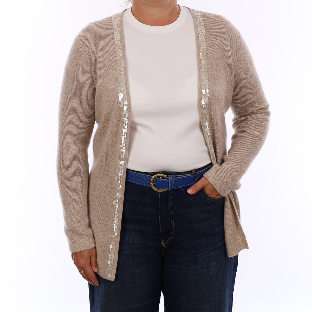 Fawn Rib Cashmere Sequin Edge to Edge Cardigan Large