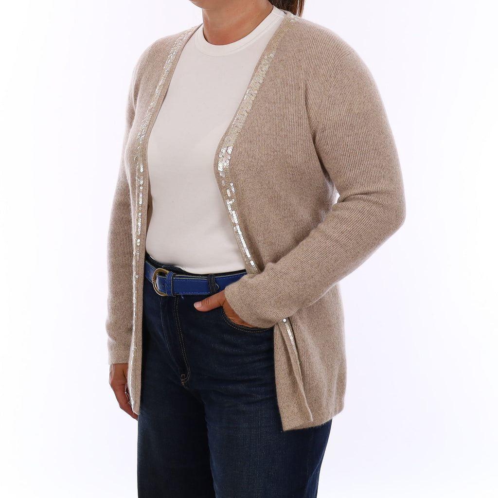 Fawn Rib Cashmere Sequin Edge to Edge Cardigan Large
