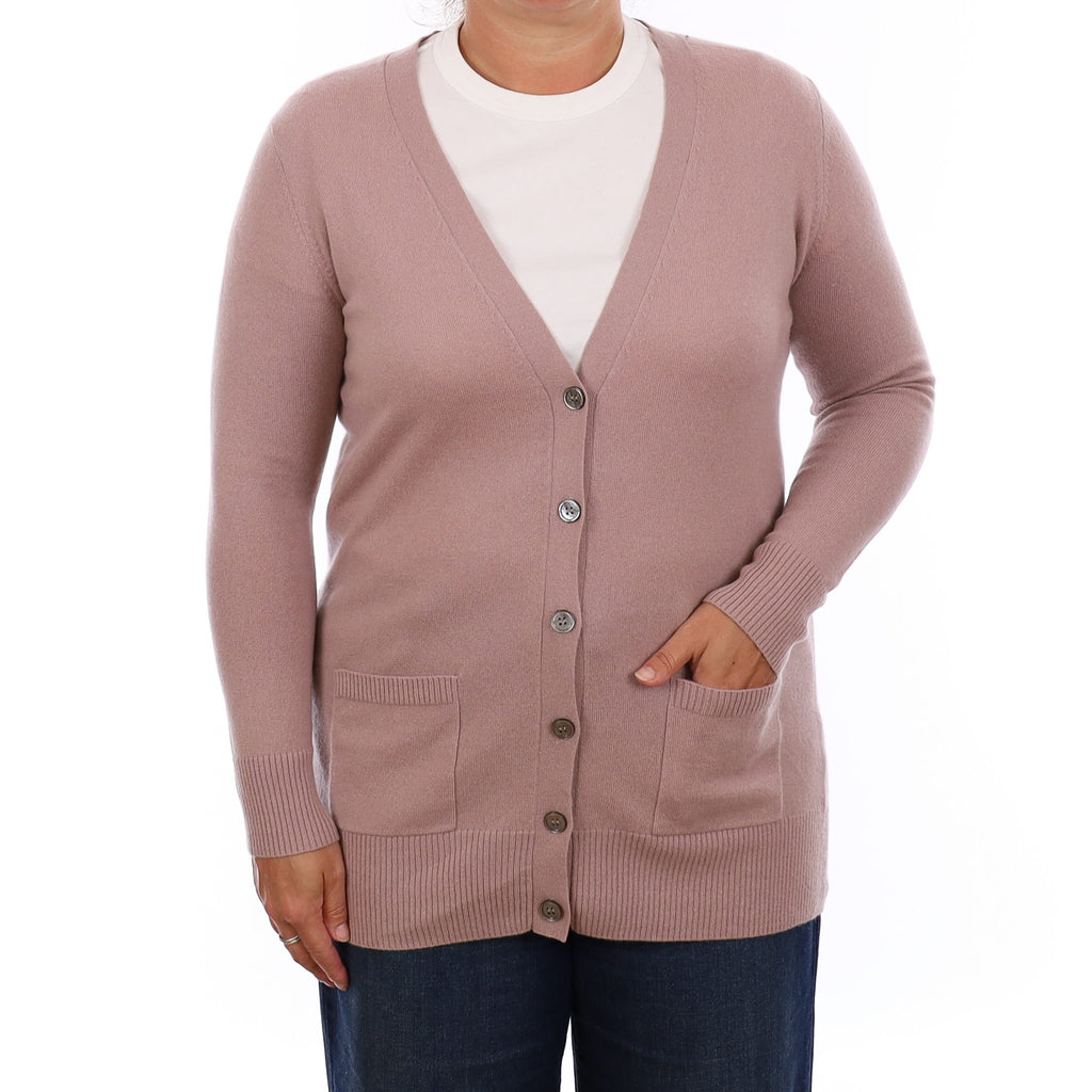 Antique Mauve Cashmere Longline V Neck Cardigan with Pockets Large