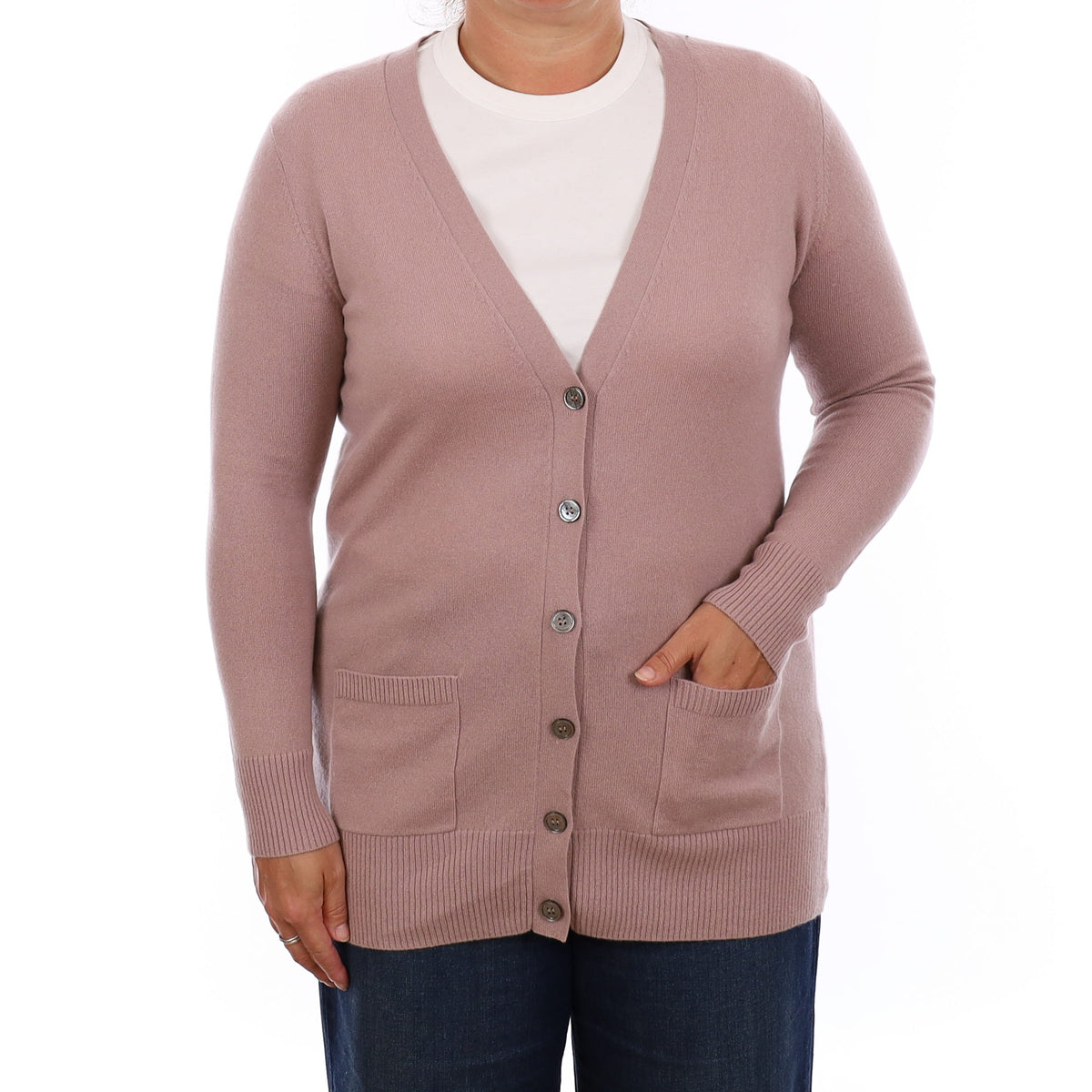 Antique Mauve Cashmere Longline V Neck Cardigan with Pockets Large