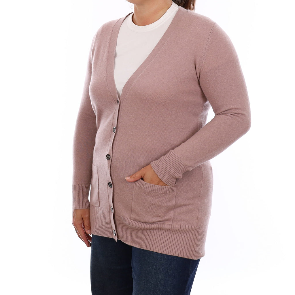 Antique Mauve Cashmere Longline V Neck Cardigan with Pockets Large