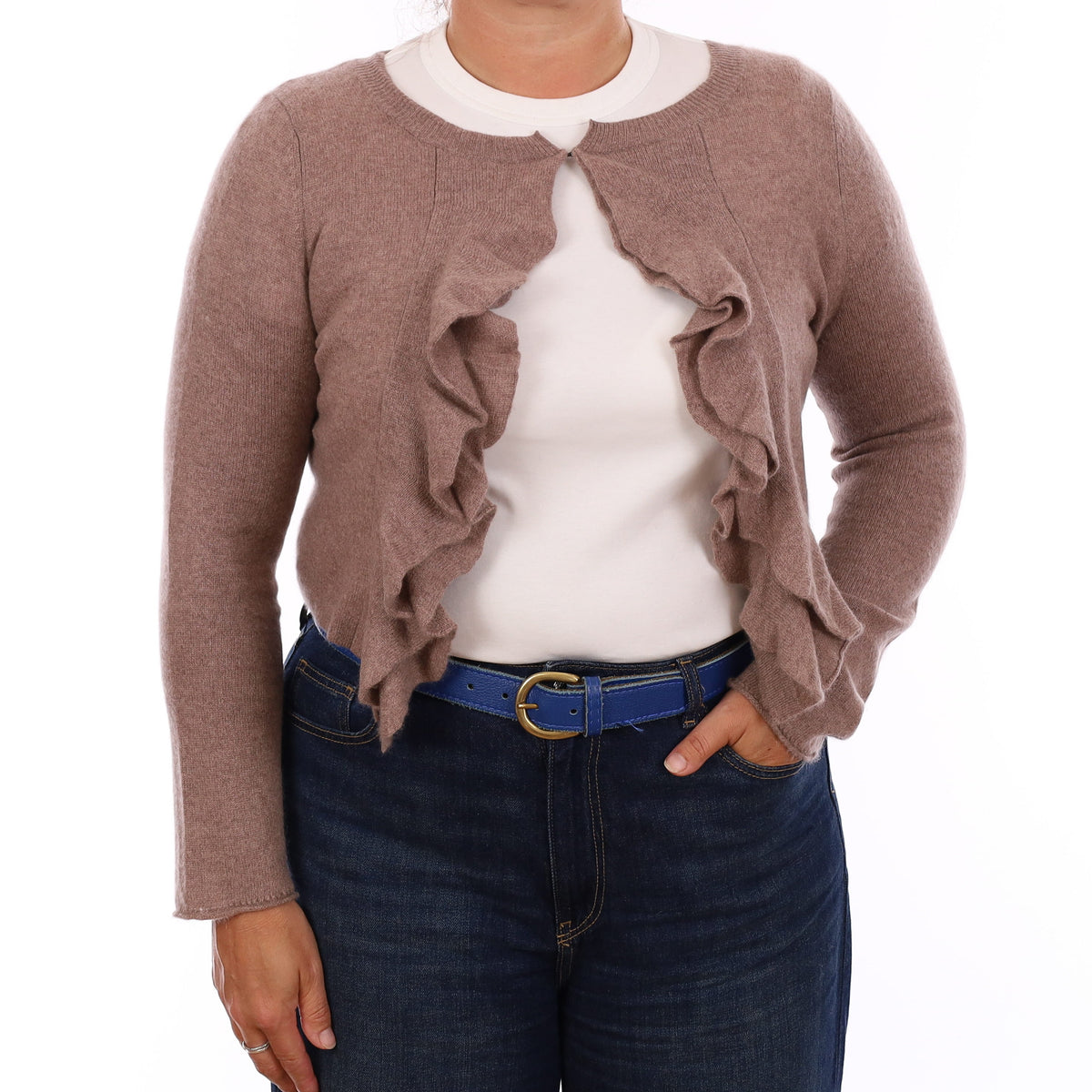 Mink Brown Cashmere Ruffle Edged Cardigan Large