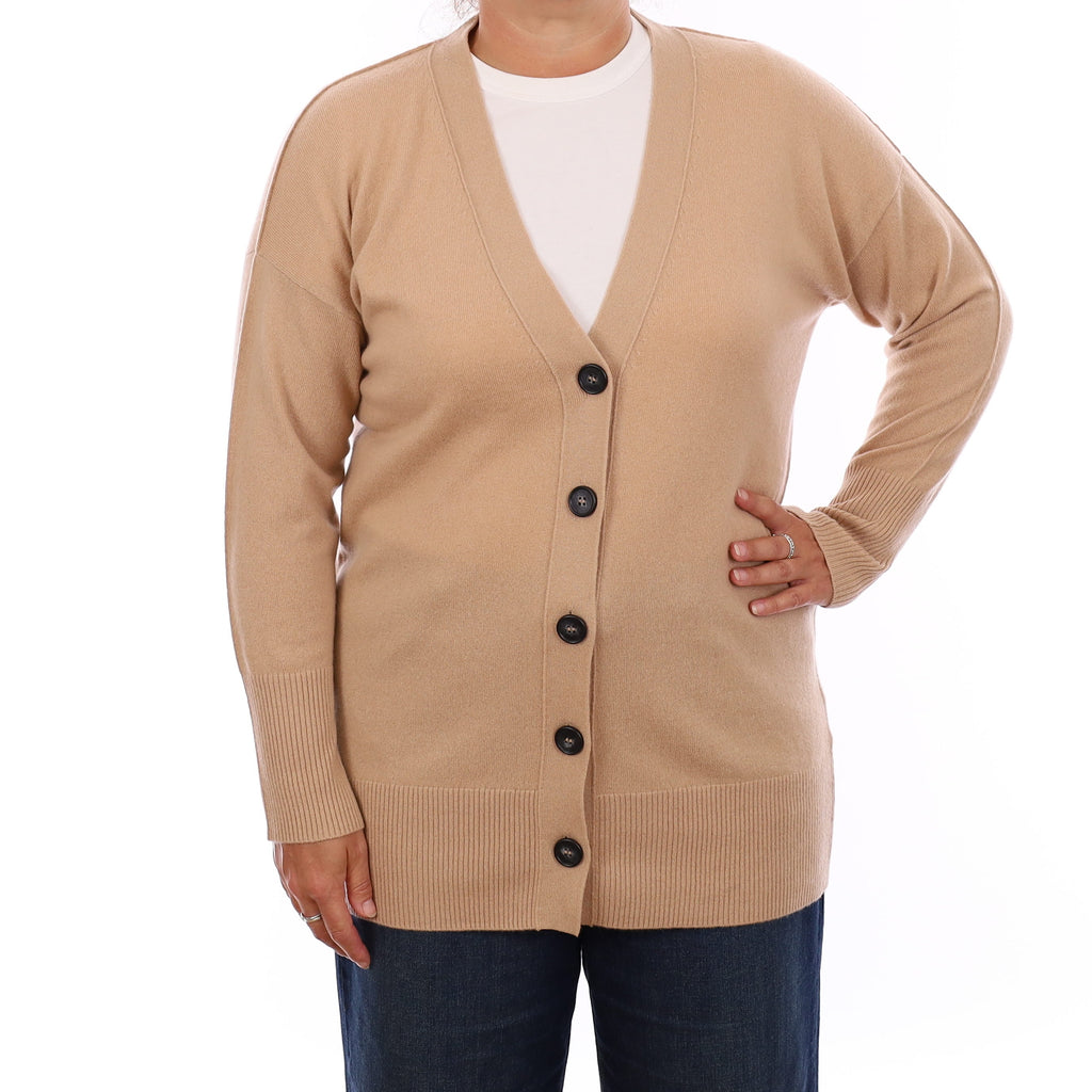 Camel Brown Cashmere Longline V Neck Cardigan Large