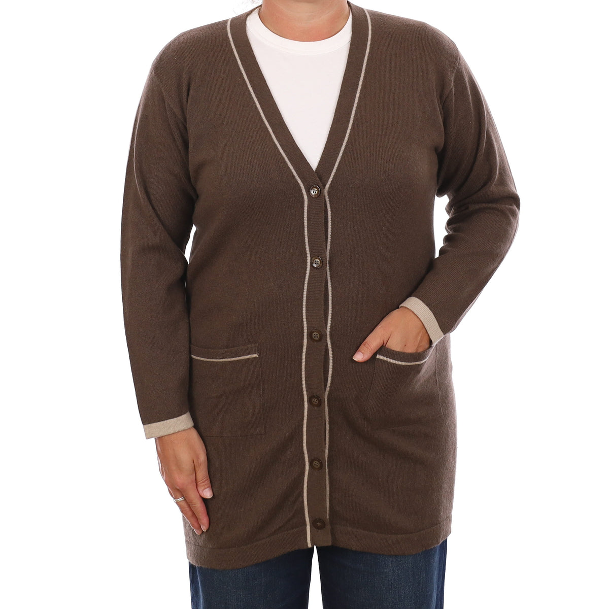 Mocha Brown Longline Cashmere V Neck Cardigan with Pockets Large