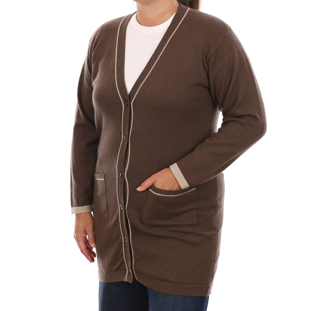 Mocha Brown Longline Cashmere V Neck Cardigan with Pockets Large