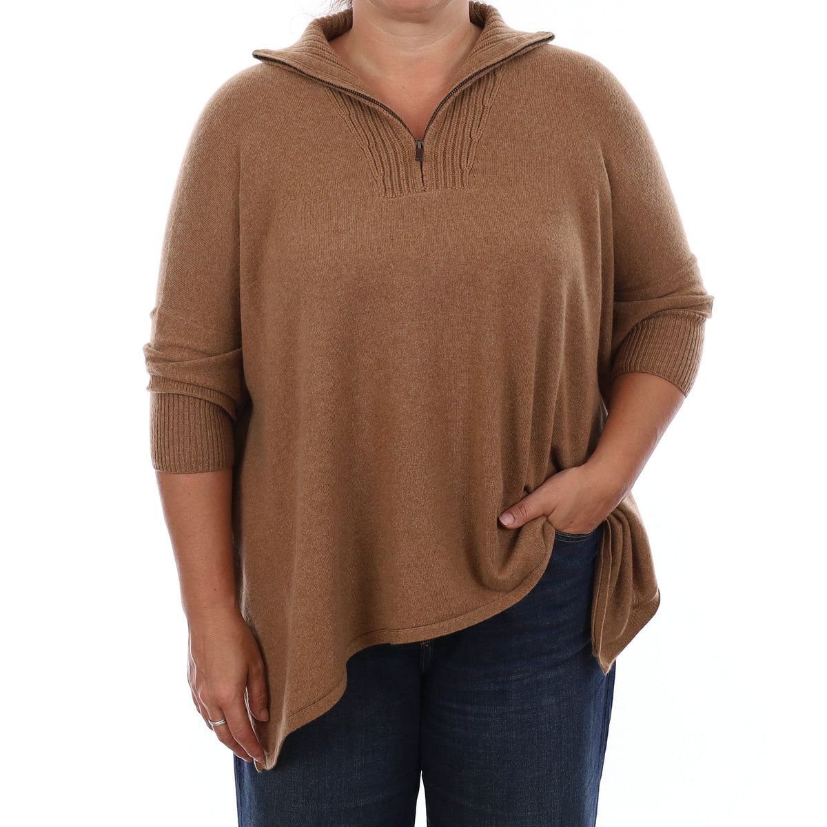 Toffee Brown Cashmere Poncho Style Zip Up Turtleneck Jumper Large