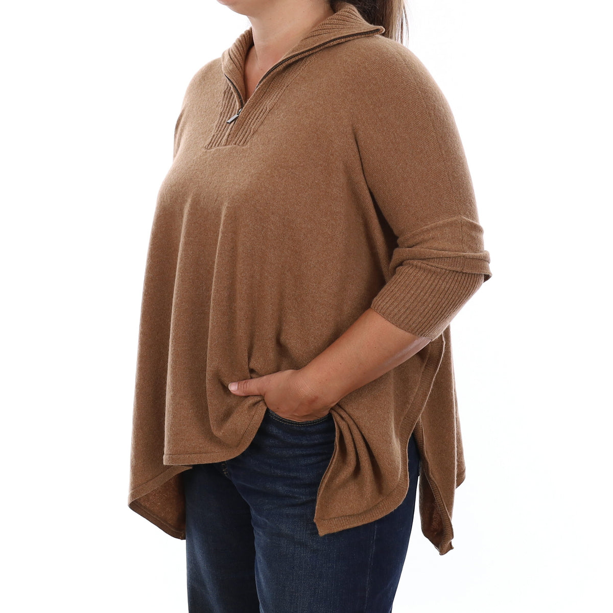 Toffee Brown Cashmere Poncho Style Zip Up Turtleneck Jumper Large