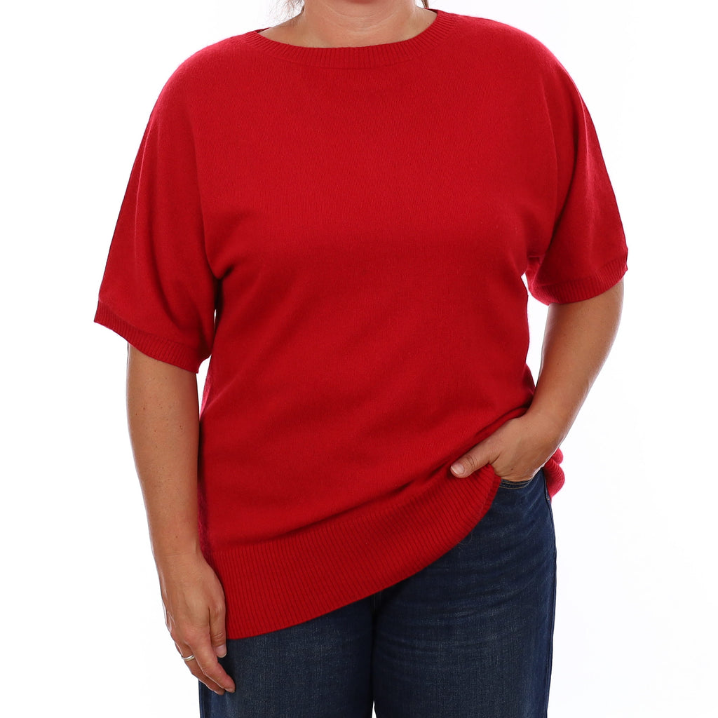 Berry Red Cashmere Short Batwing Sleeve Crew Neck Jumper Large