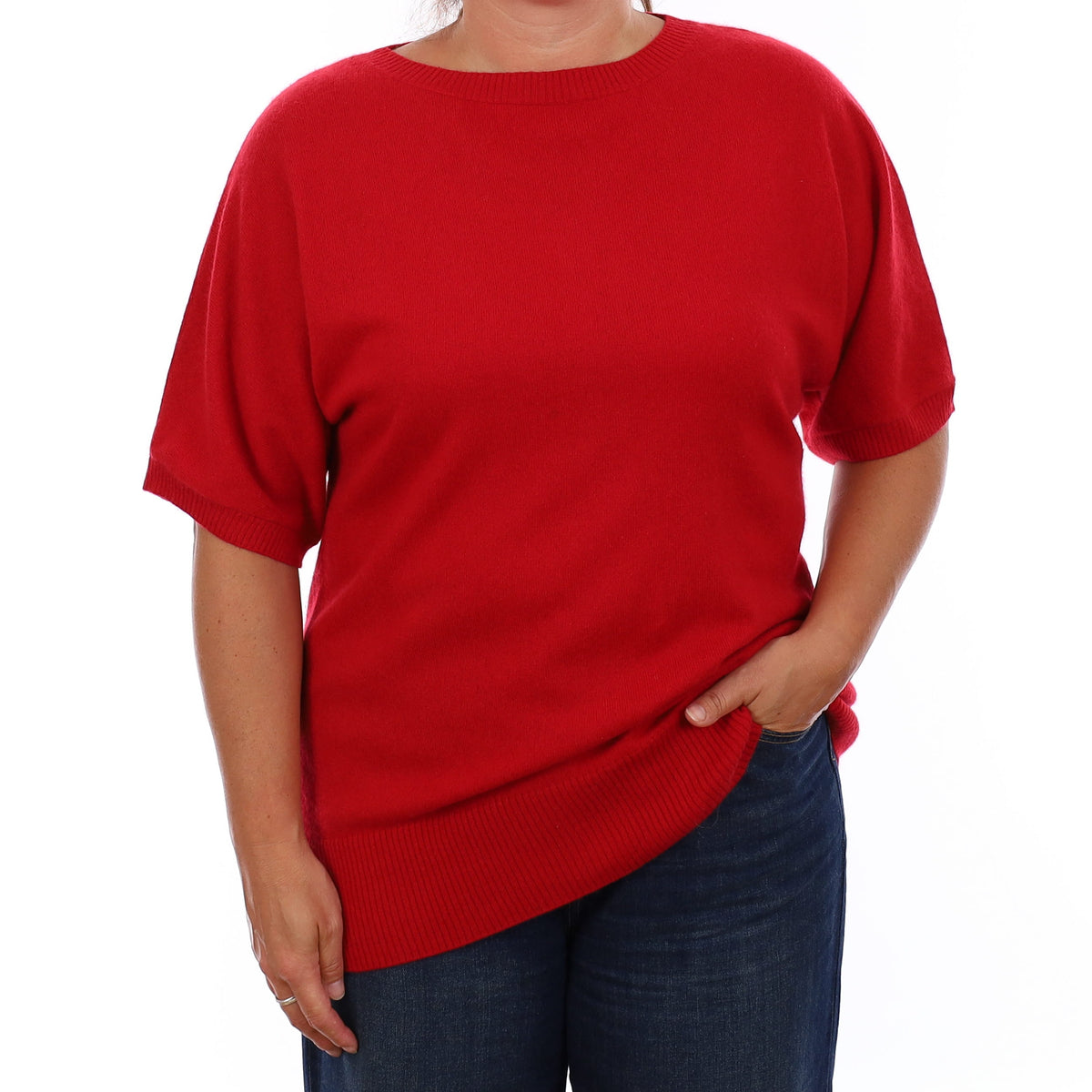 Berry Red Cashmere Short Batwing Sleeve Crew Neck Jumper Large
