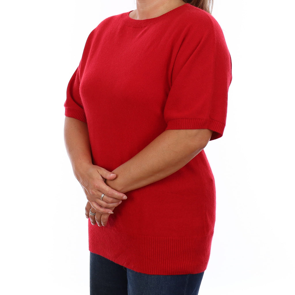 Berry Red Cashmere Short Batwing Sleeve Crew Neck Jumper Large