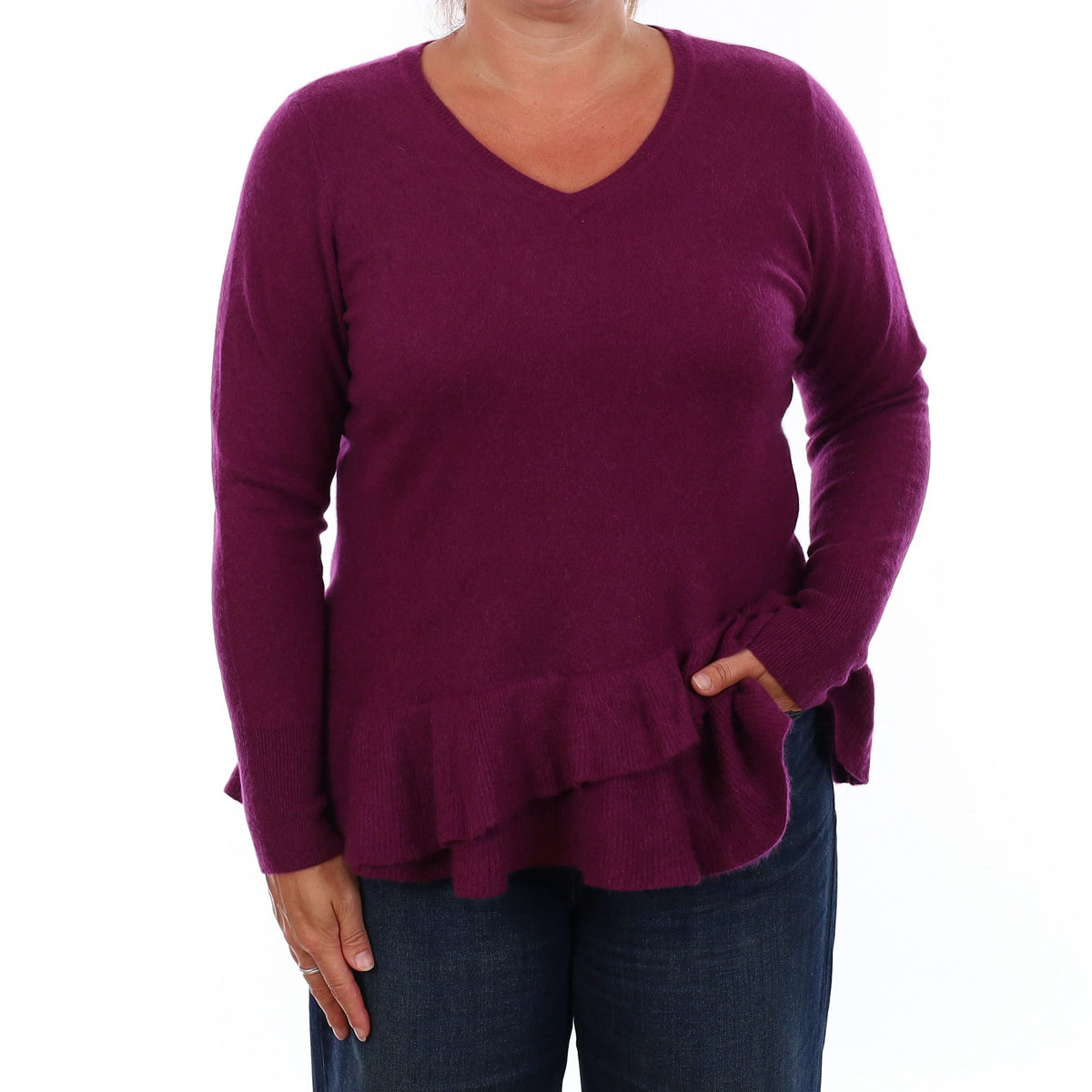 Plum Purple Cashmere Peplum V Neck Jumper Large