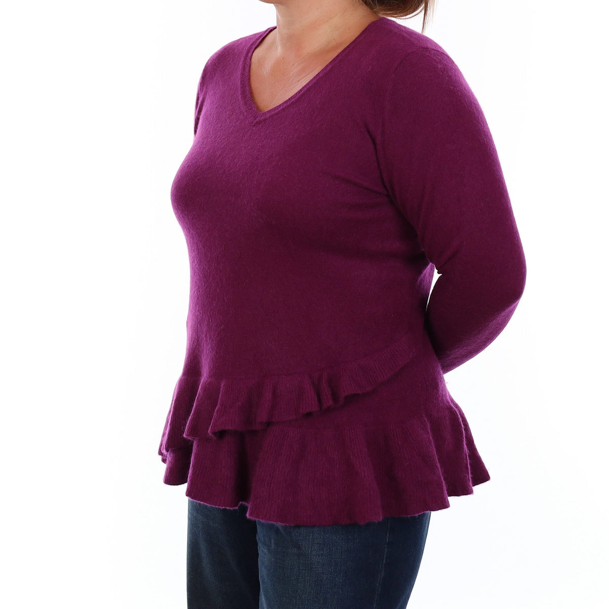 Plum Purple Cashmere Peplum V Neck Jumper Large