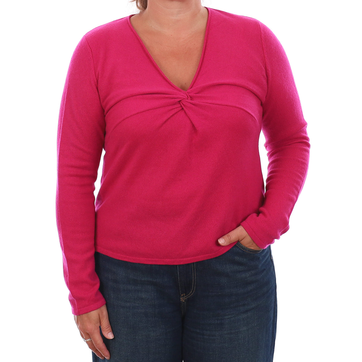 Fuchsia Pink Cashmere Knot Front V Neck Jumper Large