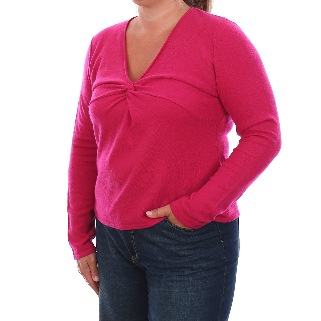 Fuchsia Pink Cashmere Knot Front V Neck Jumper Large