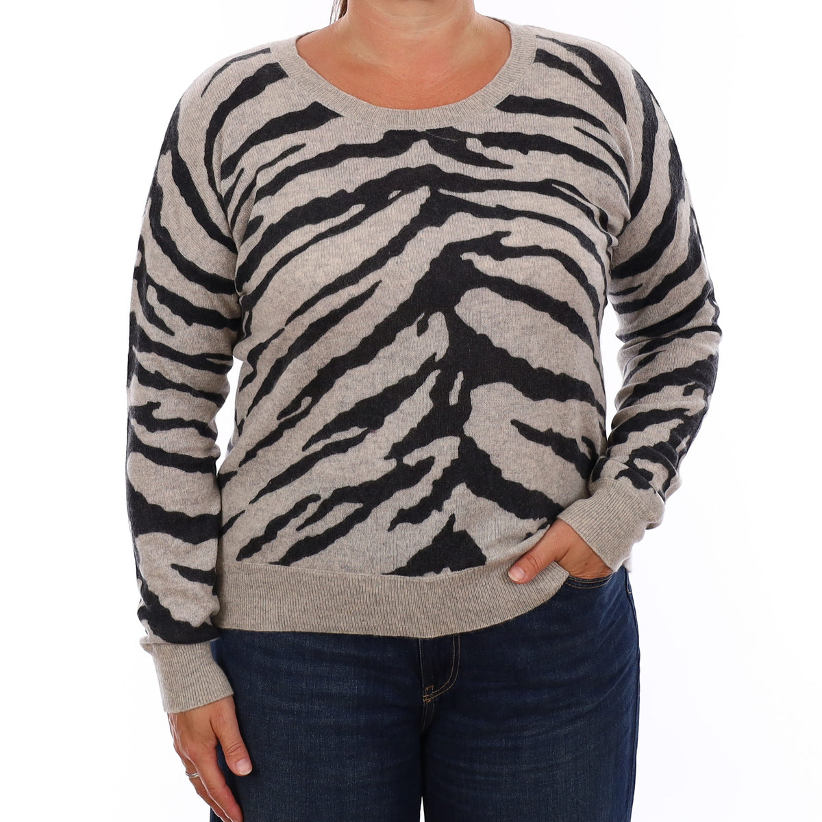 Grey Zebra Print Cashmere Crew Neck Jumper Large