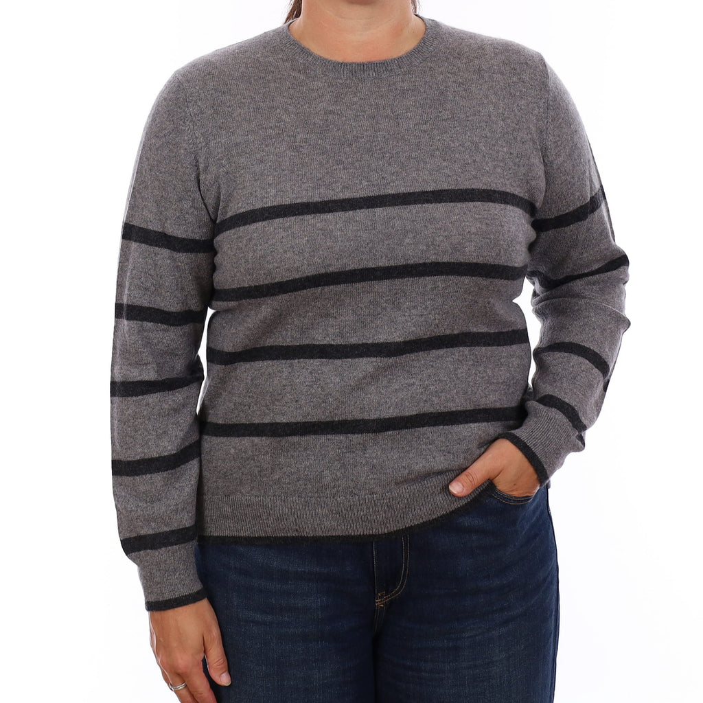 Ash & Granite Grey Stripe Cashmere Crew Neck Jumper Large
