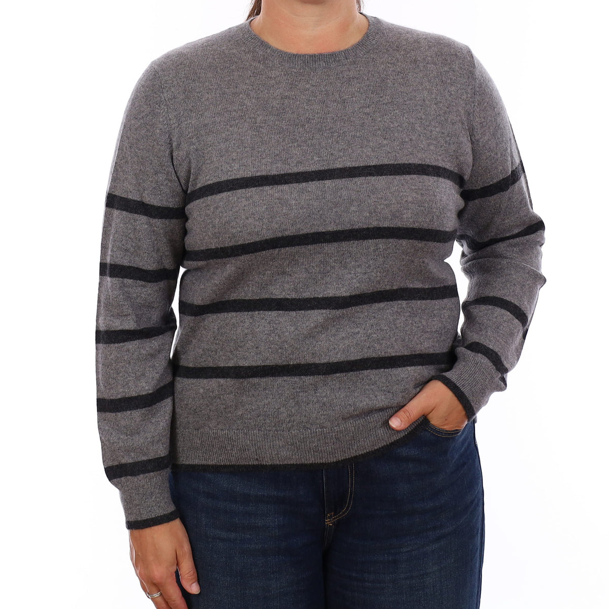 Ash & Granite Grey Stripe Cashmere Crew Neck Jumper Large