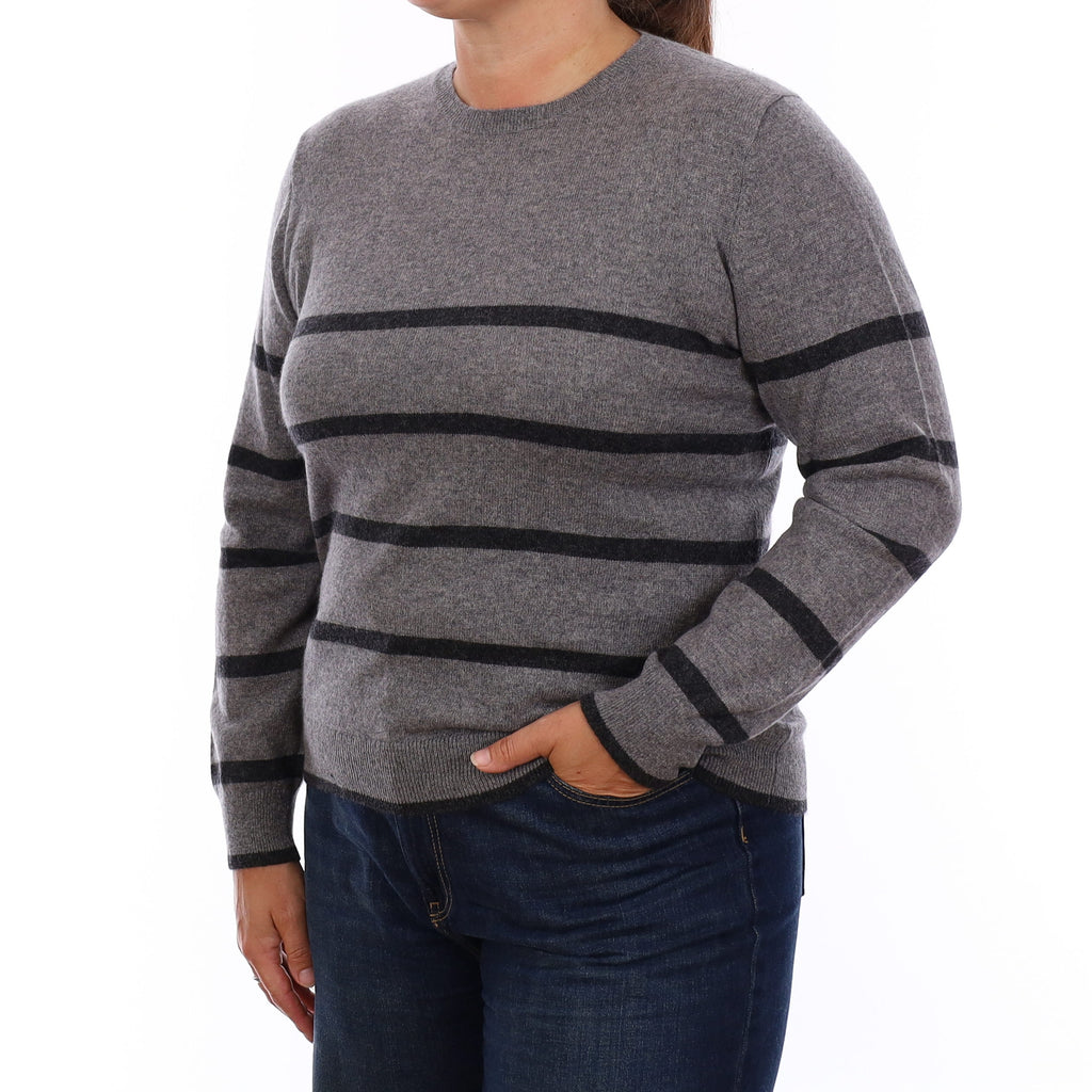 Ash & Granite Grey Stripe Cashmere Crew Neck Jumper Large