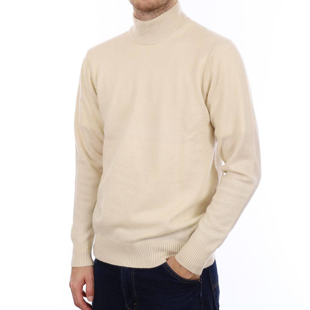 Men's Ivory Heavy Knit Cashmere Turtle Neck Jumper Medium