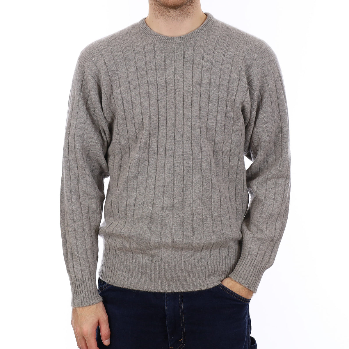 Men's Vintage Scottish Grey Rib Cashmere Crew Neck Jumper Medium