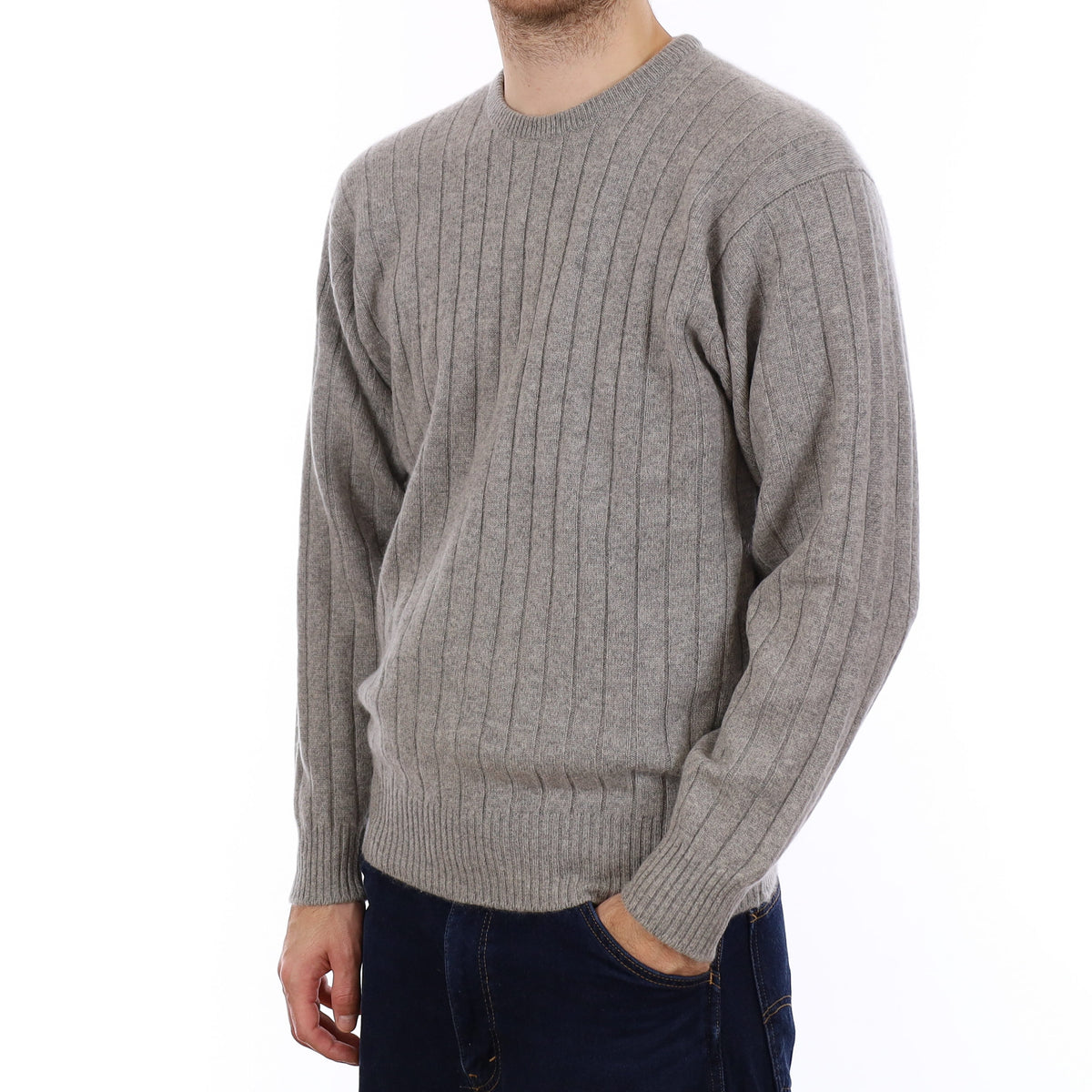 Men's Vintage Scottish Grey Rib Cashmere Crew Neck Jumper Medium
