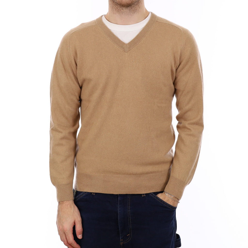 Men's Camel Brown Cashmere V Neck Jumper Medium
