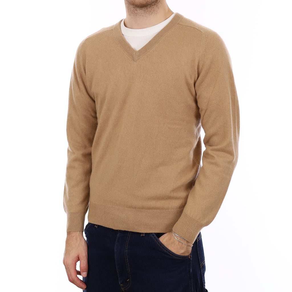 Men's Camel Brown Cashmere V Neck Jumper Medium